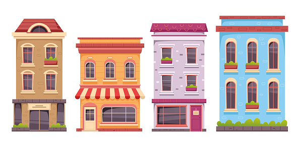 Old fashioned Europe city town buildings set. Vector cartoon design illustration