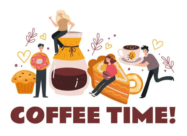 Vector illustration of Coffee time with sweet food concept. Vector cartoon design element illustration