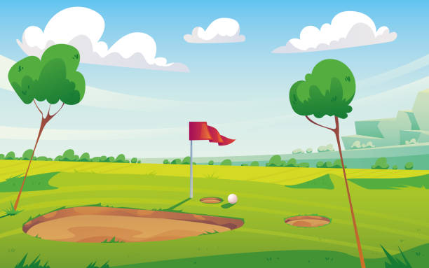 illustrazioni stock, clip art, cartoni animati e icone di tendenza di campo da golf paesaggio natura concetto. illustrazione dell'elemento di progettazione del cartone animato vettoriale - golf golf club golf course teeing off