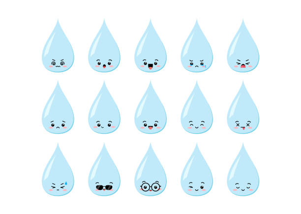 niedliches wassertropfen-charakter-kawaii-set. regentropfenförmiges maskottchen mit gesicht. - condensation smiley face water raindrop stock-grafiken, -clipart, -cartoons und -symbole