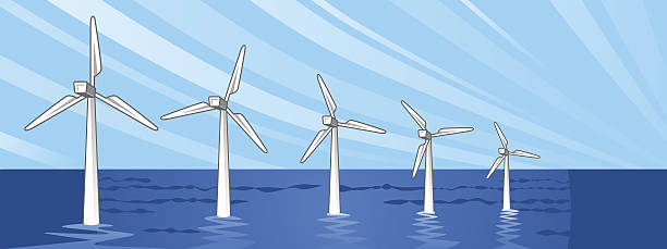 wind power Ocean Vector illustration of  Offshore wind power. wind farm sea stock illustrations
