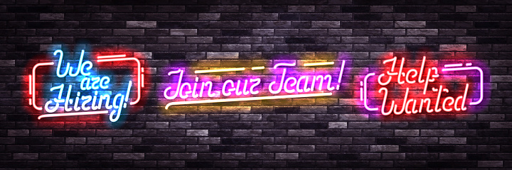 Vector set of realistic isolated neon sign of We Are Hiring, Join Our Team and Help Wanted on the wall background.