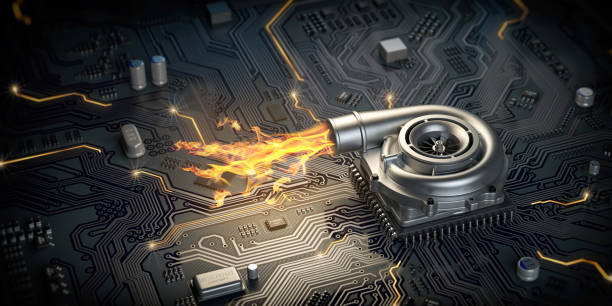 CPU microchip turbocharger with fire flame on computer motherboard. Processor overclocking concept background. CPU microchip turbocharger with fire flame on computer motherboard. Processor overclocking concept background. 3d illustration supercharged engine stock pictures, royalty-free photos & images