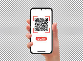 Hand with phone, scanning qr code, transparent background, vector illustration