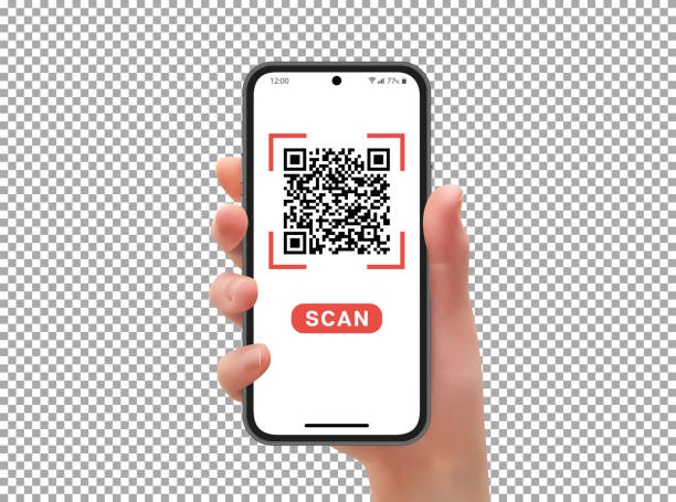 Hand with phone, scanning qr code, transparent background, vector illustration Hand with phone, scanning qr code, realistic effect in vector format coding qr code mobile phone telephone stock illustrations
