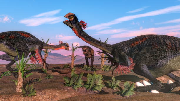 istock Tyrannosaurus rex attacking gigantoraptor dinosaur and eggs - 3D render 1394839171