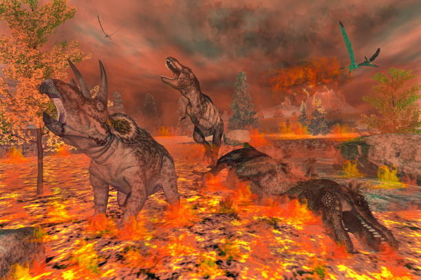 Dinosaurs, tyrannosaurus and triceratops, exctinction - 3D render stock photo