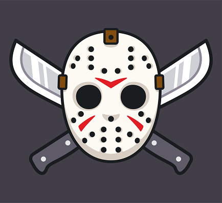 Serial killer hockey mask with two machetes, Halloween or Friday 13 horror drawing. Cartoon vector illustration.