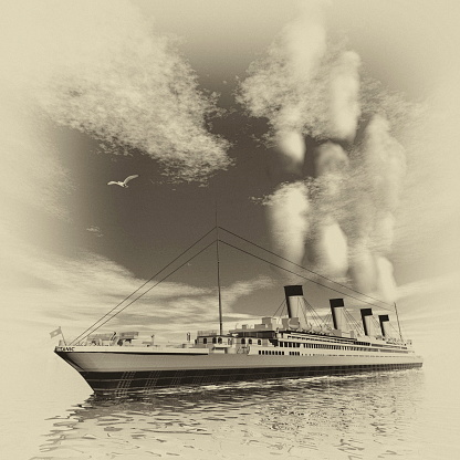 Famous Titanic ship floating among icebergs on the water by cloudy day, vintage style - 3D render