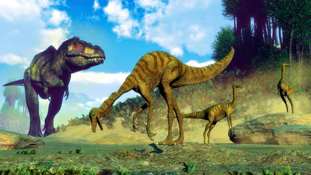 istock Tyrannosaurus rex surprising gallimimus dinosaurs - 3D render 1394840224