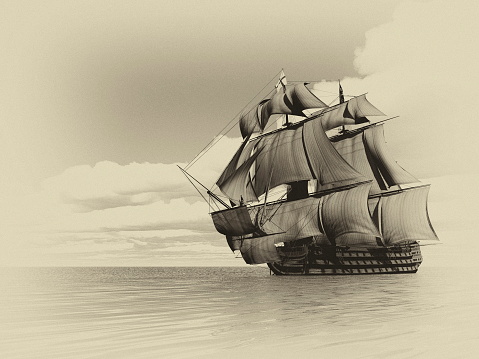 Beautiful detailed old ship HSM Victory floating on the ocean by cloudy day, vintage style image - 3D render