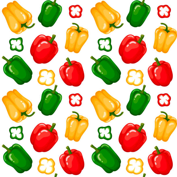 peppers pattern Seamless pattern with red, yellow, green bell peppers and pepper slices on a white background. Flat style vector illustration. red bell pepper stock illustrations