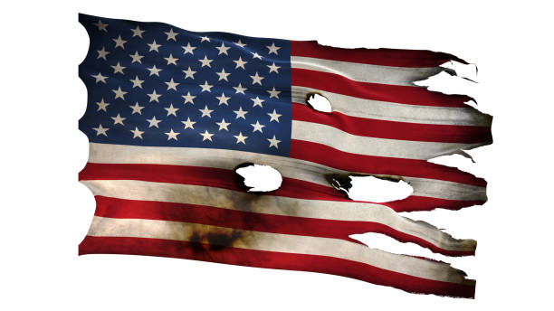vereinigte staaten von amerika perforierte, verbrannte, grunge wehende flagge isoliert auf weißem hintergrund 3d-illustration - valiant stock-fotos und bilder