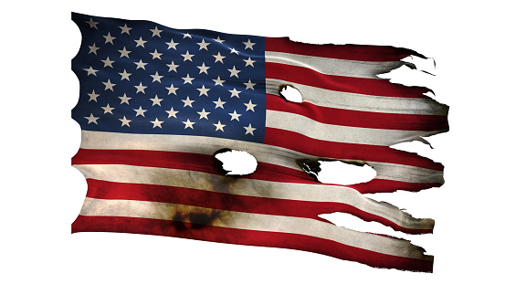 American United states USA US flag bullet perforated burned grunge tattered waving isolated on white background 3d illustration