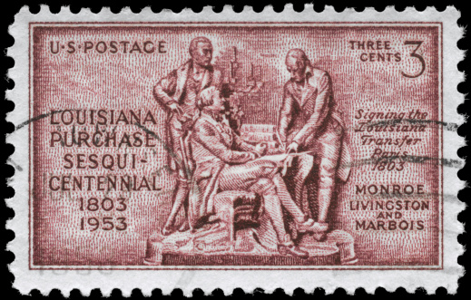 A Stamp printed in USA devoted to Louisiana Purchase, 150th Anniversary, shows the statues of Monroe, Livingston and Marbois, circa 1953