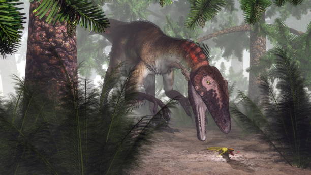 istock Utahraptor dinosaur hunting a gecko - 3D render 1394843845