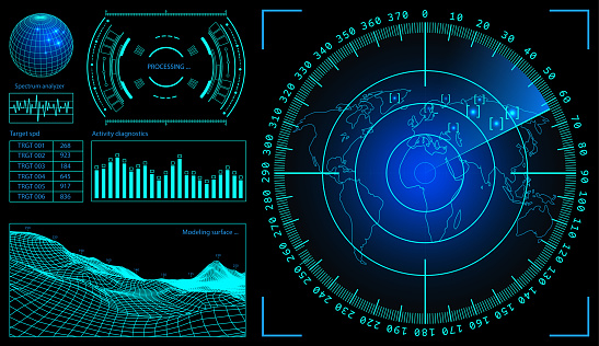Military green radar. Screen with target. Futuristic HUD interface. Stock vector illustration.
