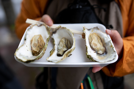 Someone holding a plate of fresh cooked oysters in their shell ready to eat at a Japanese street food market.