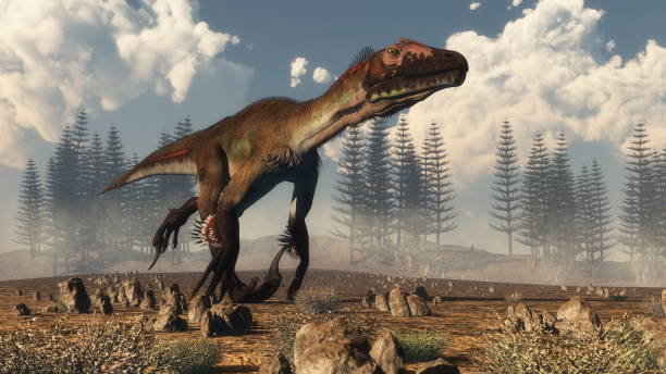 Utahraptor dinosaur in the desert - 3D render stock photo