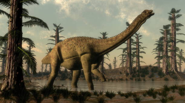 istock Uberabatitan dinosaur in the lake - 3D render 1394847903