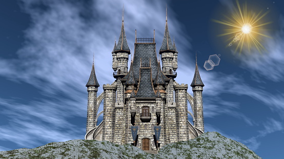 Beautiful castle upon a rocky hill by day - 3D render