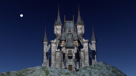 Beautiful castle upon a rocky hill by night - 3D render