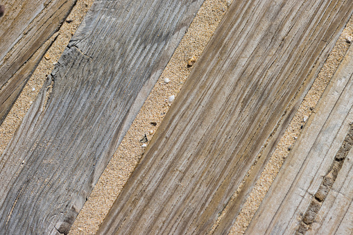 Wooden boards with sand between on a walkway to the beach at Costa da Caparica, Portugal. View from above looking straight down.
