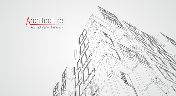 Architecture line background. Building construction sketch vector abstract. Modern city 3d project. Technology geometric grid. Wire blueprint house.