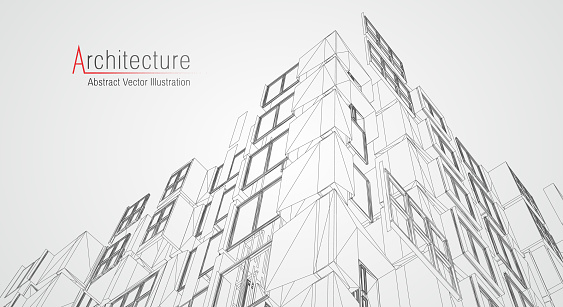 Architecture line background. Building construction sketch vector abstract. Modern city 3d project. Technology geometric grid. Wire blueprint house. Digital architect innovation wireframe