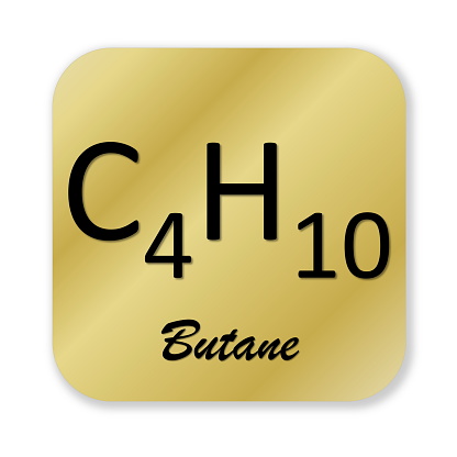 Golden chemical formula of butane symbol isolated in white background