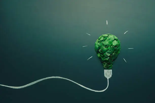 Photo of energy saving light bulb made with green leaves. Minimal nature concept. Think green. Ecology concept. Environmentally friendly planet. Copy space