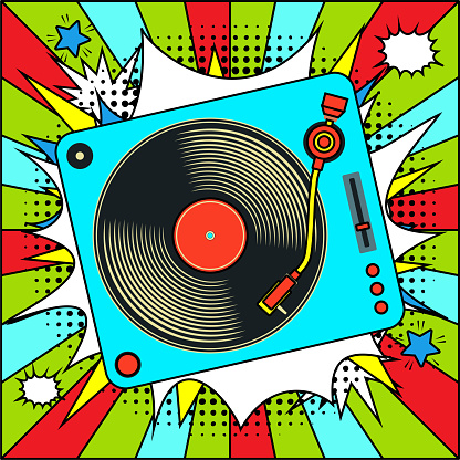 Vintage Vinyl Record on Explosion Speech Bubble in Pop Art Style.