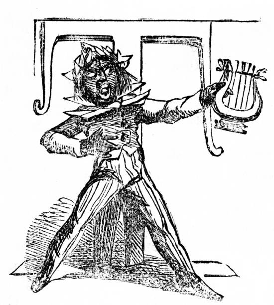 Black Musician Sings and Plays Stringed Instrument A black (POC) male (possibly a minstrel) plays a lyre and sings. Woodblock engraving published in 1860. troubadour stock illustrations