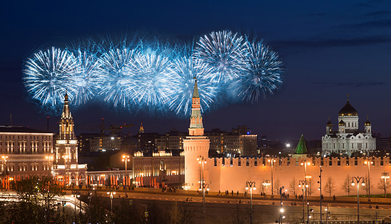Moscow Kremlin at night. Salute, firework.