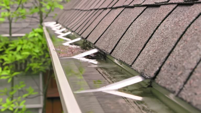 Rain water overflowing in gutter next to roof.