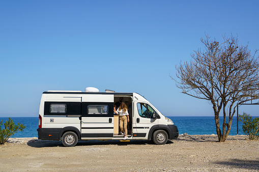 Mid adult couple on a caravan camping vacation near the beach, Antalya, Turkey