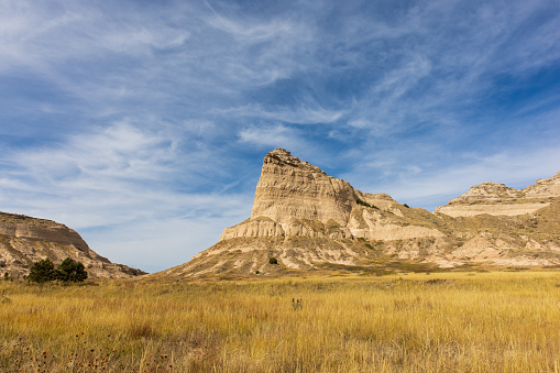 Prairie grasses cover 20 million year old fossils of extinct animals that permeate the University (on left) and Carnegie Hills in the Agate Fossil Beds National Monument of Nebraska.