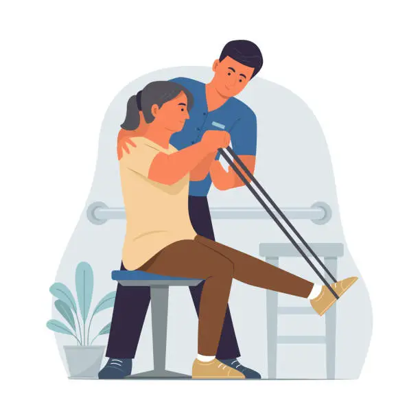 Vector illustration of Physiotherapist Doctor Helping Senoir Woman Doing Exercise.
