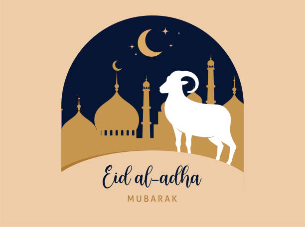 Eid Al Adha festival. Greeting card with sacrificial sheep and crescent on cloudy night background. Eid Mubarak theme. Vector illustration. vector art illustration