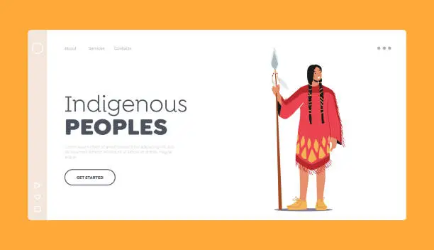 Vector illustration of Indigenous People Landing Page Template. Native American Female Character with Spear. Native Person in Tribal Dress