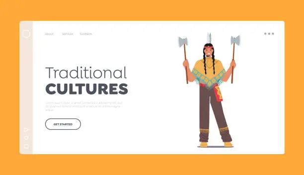 Vector illustration of Traditional Cultures Landing Page Template. Native American Indigenous Warrior with Axes, Native Aboriginal Person