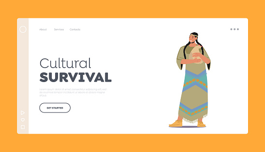 Cultural Survival Landing Page Template. Native American Girl with Pigtails Hold Chicken in Hands. Indigenous Character