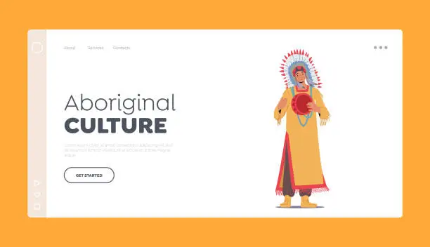 Vector illustration of Aborigonal Culture Landing Page Template. Native American Chief in Tribal Headwear with Feathers Play Tambourine