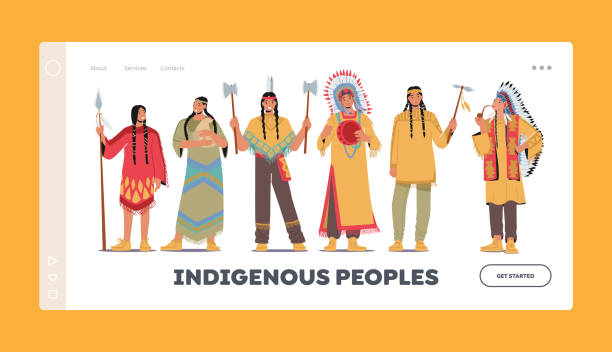 illustrazioni stock, clip art, cartoni animati e icone di tendenza di modello di pagina di destinazione per personaggi indigeni indiani americani. guerrieri, uomini, donne e capo, nativi aborigeni - indian costume