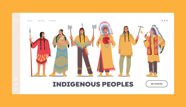 Native American Indigenous Characters Landing Page Template. Warriors, Men, Women and Chief, Native Aboriginal Persons Native American Indigenous Characters Landing Page Template. Warriors, Men, Women and Chief, Native Aboriginal Persons in Tribal Costumes and Headwear with Feather. Cartoon People Vector Illustration chiefs stock illustrations