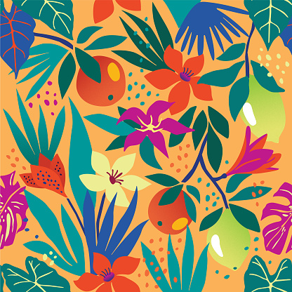 Modern tropical flat colorful seamless background. Trendy bright creative fruity pattern for fabric and print