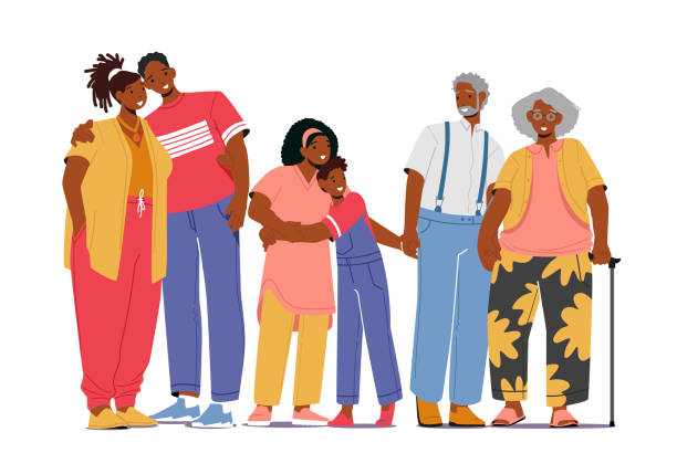 große glückliche afrikanische familiencharaktere vater, mutter, großeltern und kinder umarmen, händchen halten. liebe eltern und kinder - grandparent stock-grafiken, -clipart, -cartoons und -symbole