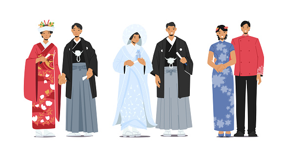 Set of Traditional Japanese Wedding Couples Wear Bridal Dress, Bride and Groom Characters in Kimono Prepare for Marriage Ceremony. Asian Traditions and Culture. Cartoon People Vector Illustration