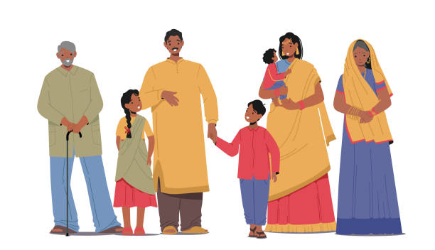 illustrazioni stock, clip art, cartoni animati e icone di tendenza di felice famiglia indiana isolata su sfondo bianco. sorridenti giovani e vecchi personaggi maschili e femminili genitori, nonni - saree