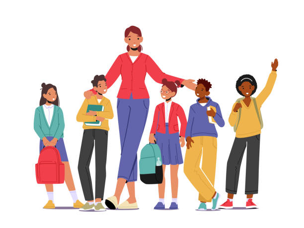 ilustraciones, imágenes clip art, dibujos animados e iconos de stock de concepto de regreso a la escuela con una joven maestra sonriente y un grupo de niños de pie en fila en el aula. escuela primaria - escuela primaria